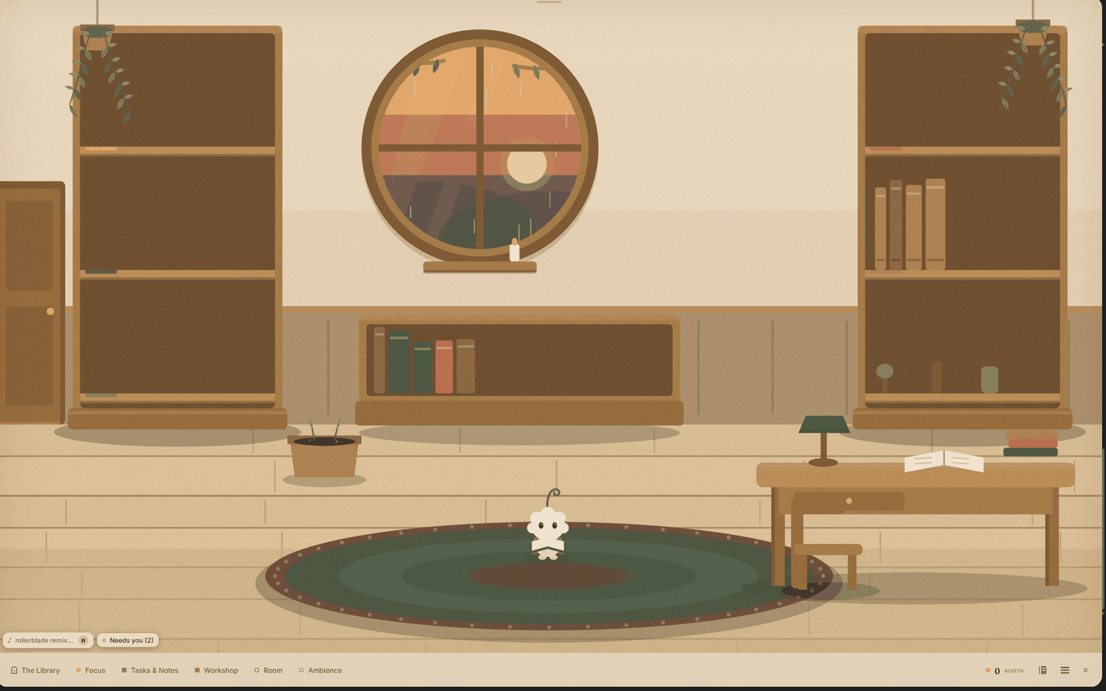 The Library: tall shelves and closed stacks, a reading desk with a green lamp, and Pip sitting on the rug reading a book