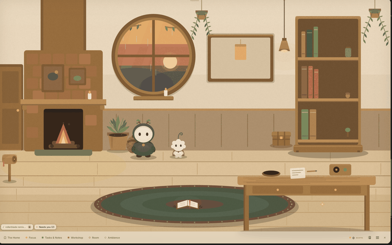 The Home: a warm room with a fireplace, Bramble and Pip by a potted plant, a round window showing sunset rain, bookshelves, and a writing desk